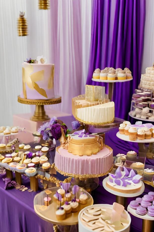 Luxurious decorations with purple and gold accents for an elegant wedding celebration