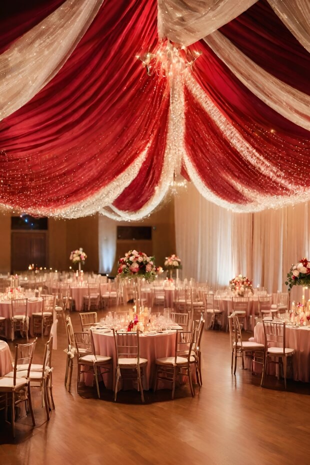 Luxurious red and white wedding reception under canopy tent with chandeliers and round tables