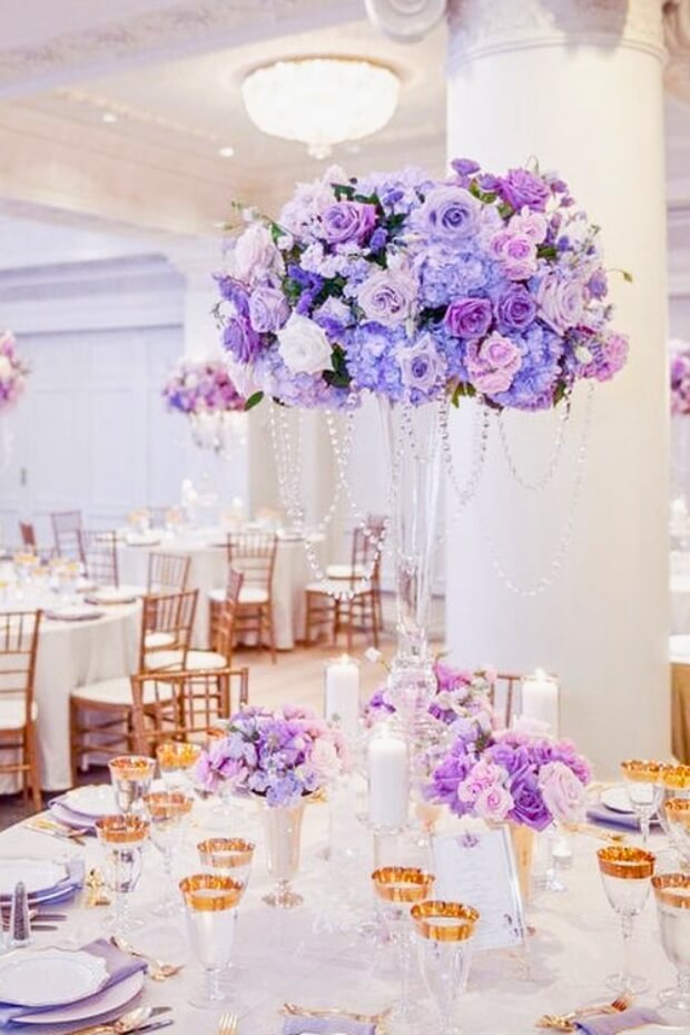 Sophisticated Purple and Gold Wedding Theme Ideas with gold flatware and glassware