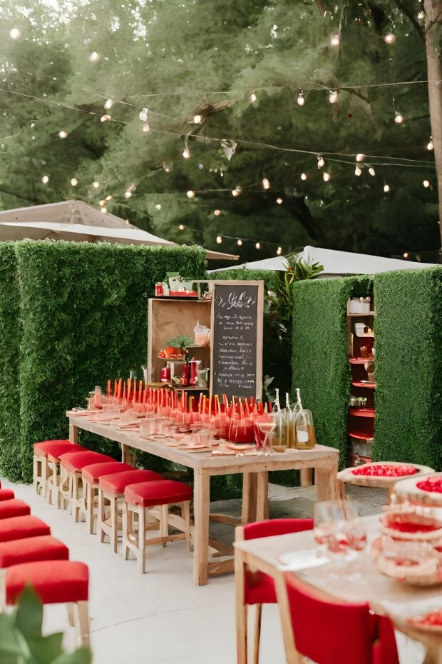 Long dining table set up outdoors with red décor