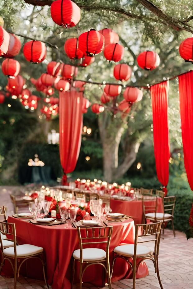 Beautiful outdoor setting with red lanterns and green trees, elegant dining table