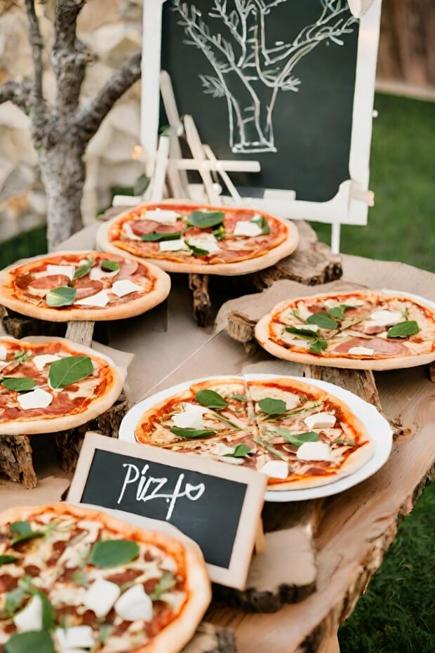 Outdoor wedding reception with cheese pizzas