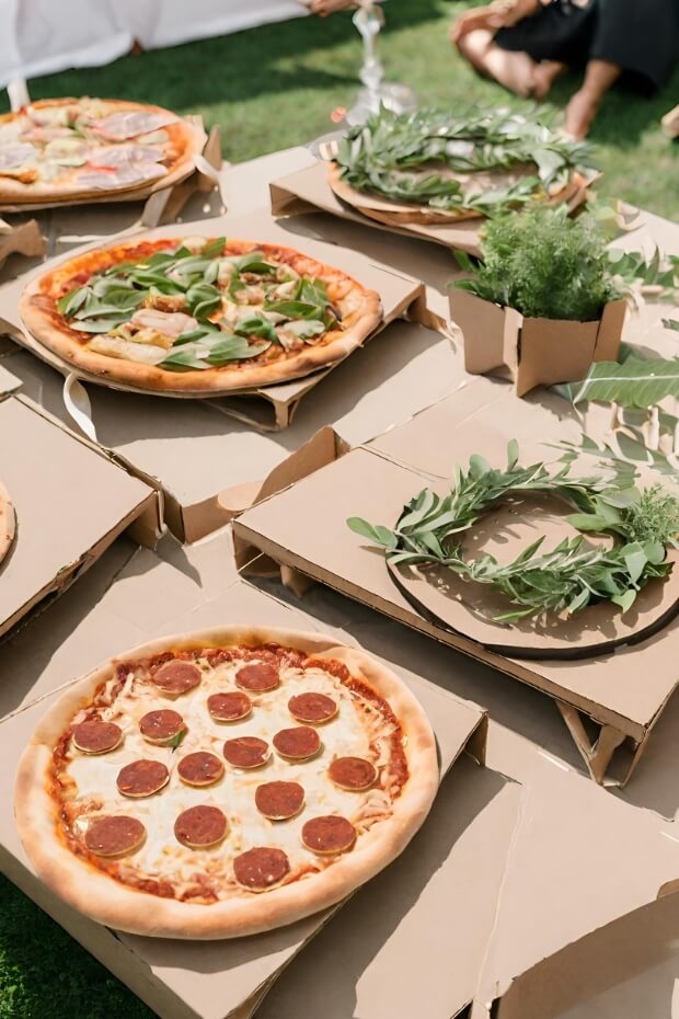 Pizzas on wooden boxes with green leaves
