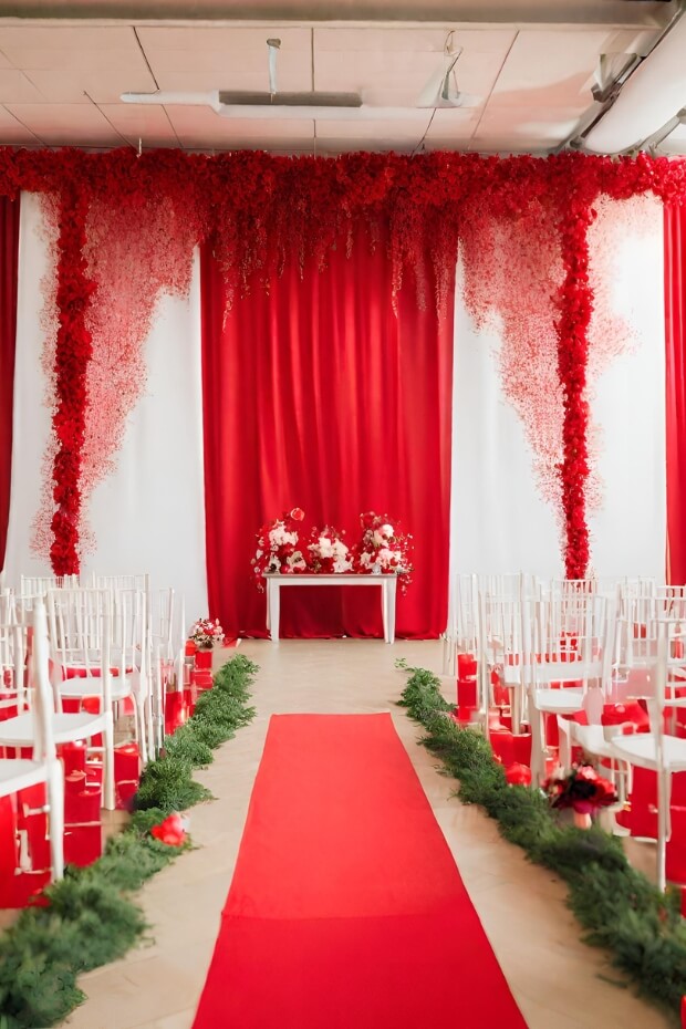 Aisle lined with white chairs and red carpet