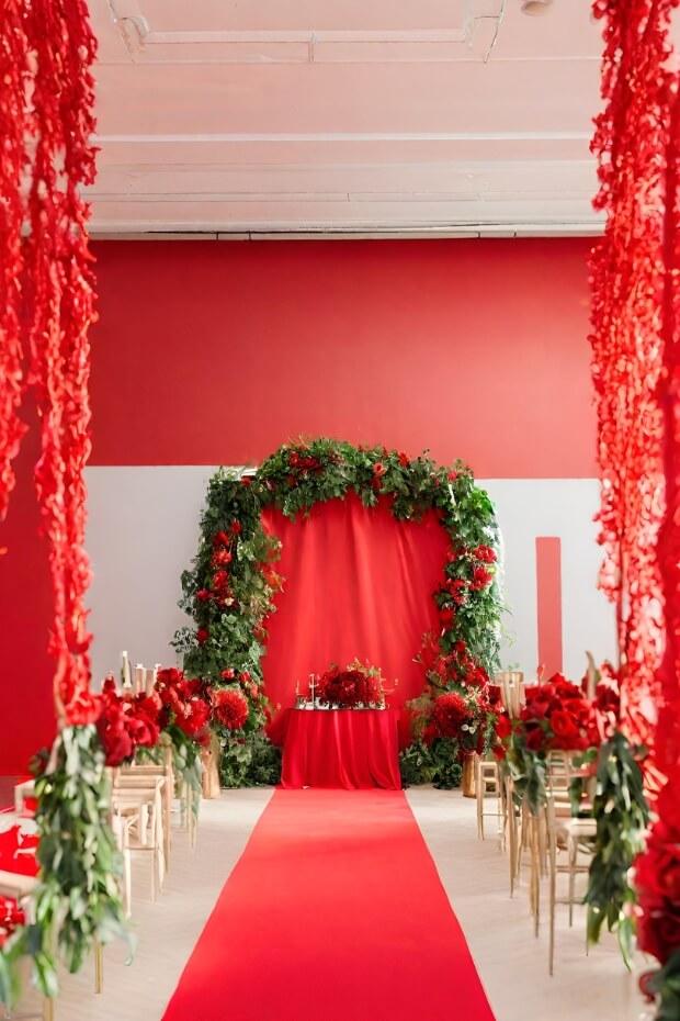 Aisle lined with red flowers and green foliage