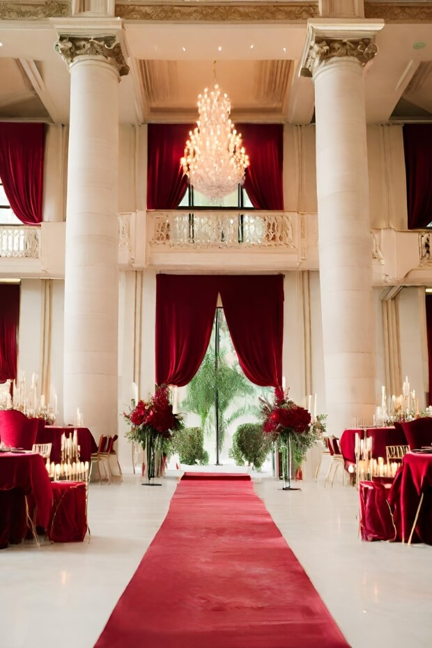 Grand and elegant wedding venue with red carpet and decorative flowers and candles