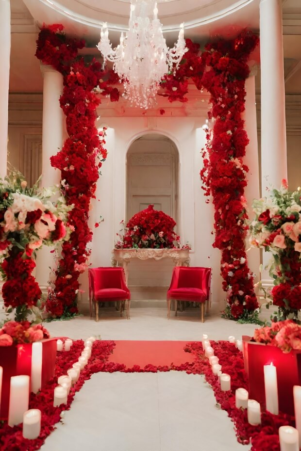 Stunning red wedding theme with white altar adorned with red and white candles and floral