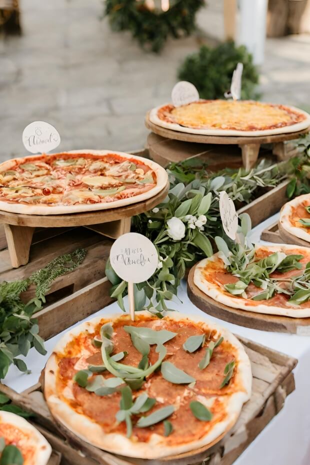 Wedding reception buffet with pizzas