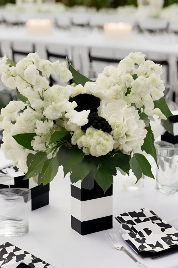White flower and green leaves centerpiece in striped vase