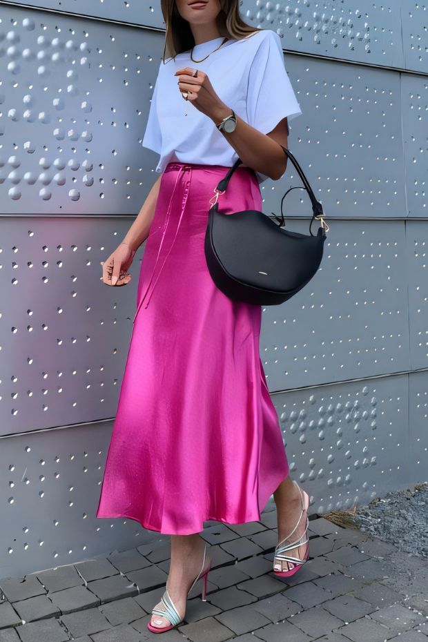 Bold summer wedding guest look with white t-shirt, hot pink satin midi skirt, silver strappy shoes, and black bag