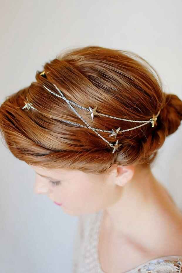 Silver star hair chain on a starry night bride