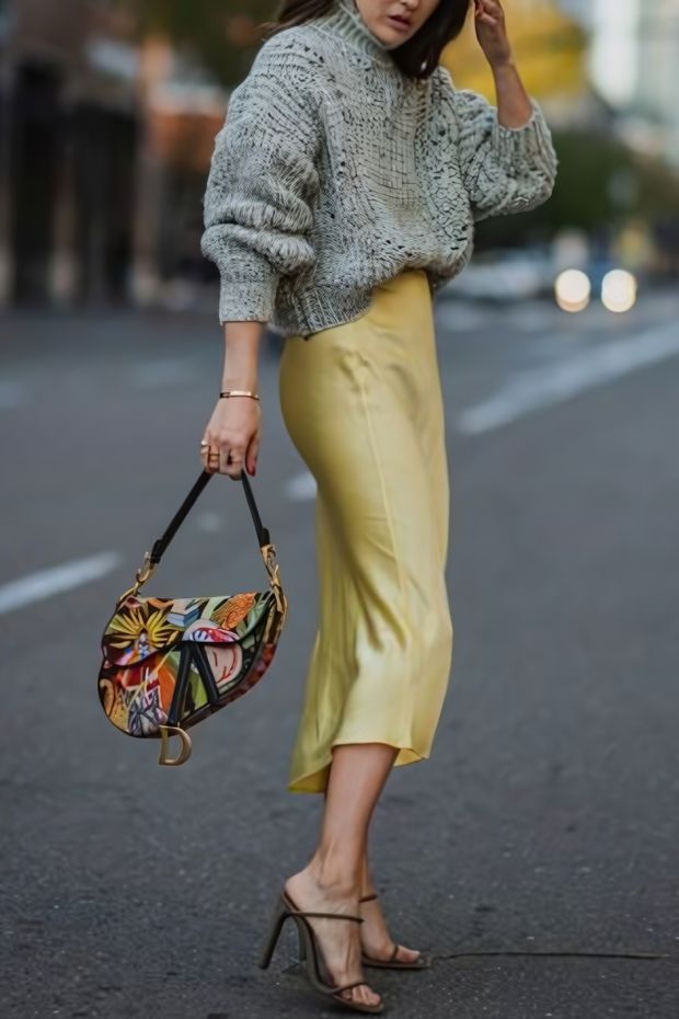 Casual summer wedding guest look with grey chunky sweater, yellow satin midi skirt, black shoes, and colorful bag