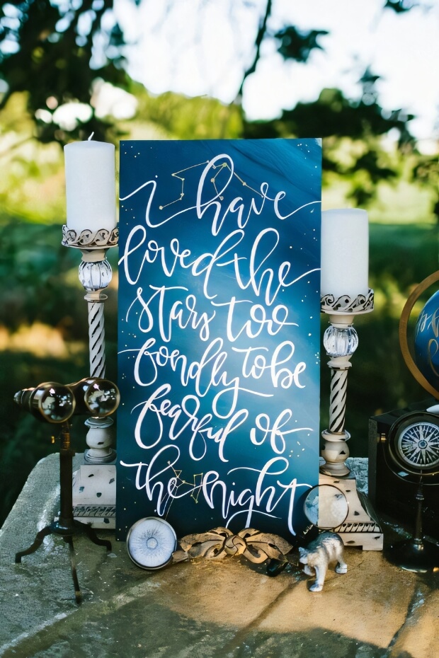 Watercolor blue and navy wedding sign with flickering candles