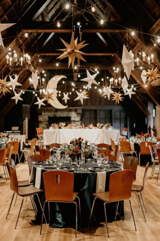 Dreamy scene with wooden beams and hanging stars