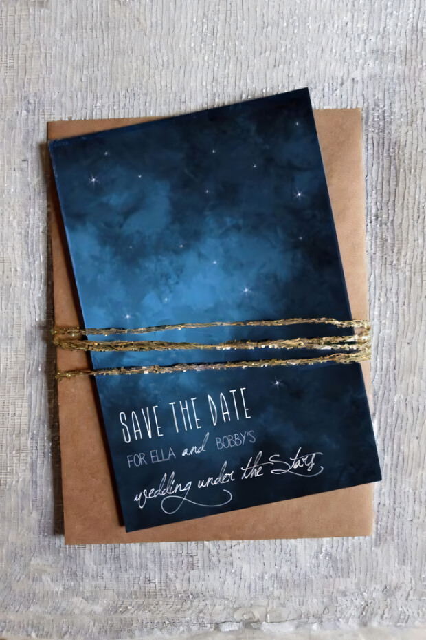 Starry night save the date in a luxurious copper envelope