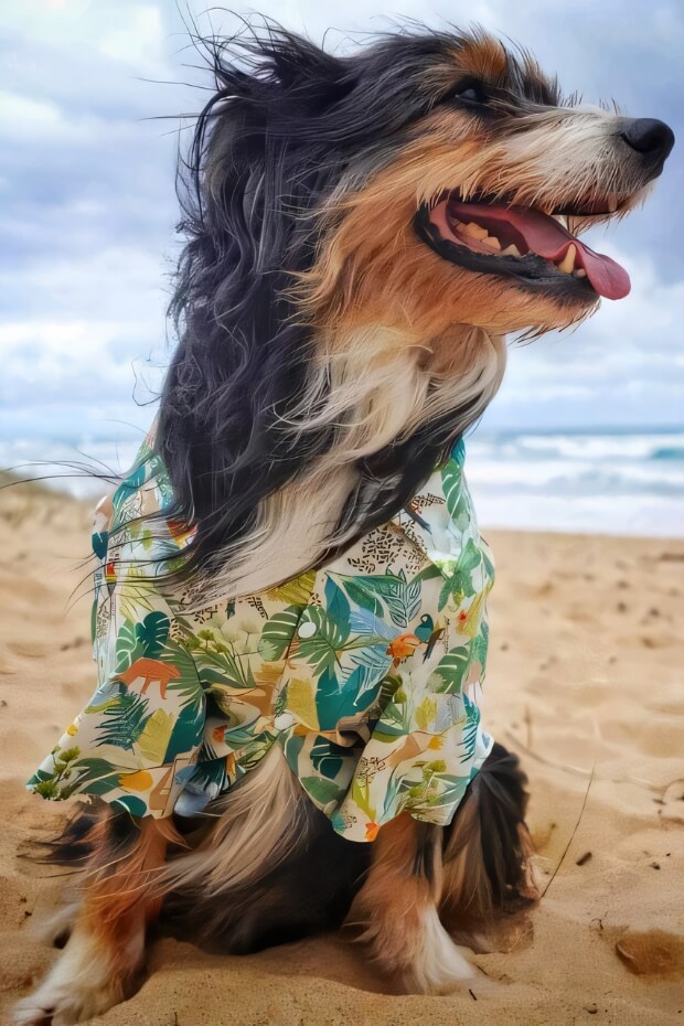 Dachshund in Hawaiian-style shirt on sandy beach