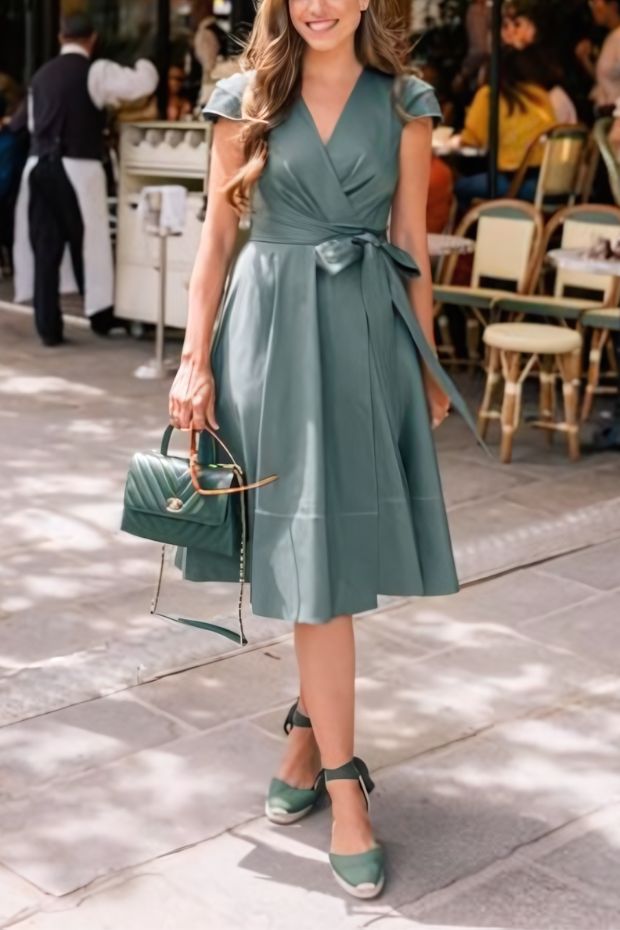 Lovely look with green A-line knee dress, matching espadrilles, and matching mini bag