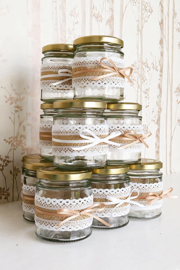 Glass jars with lace and burlap