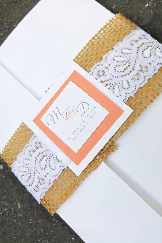Burlap wedding invitation with lace details