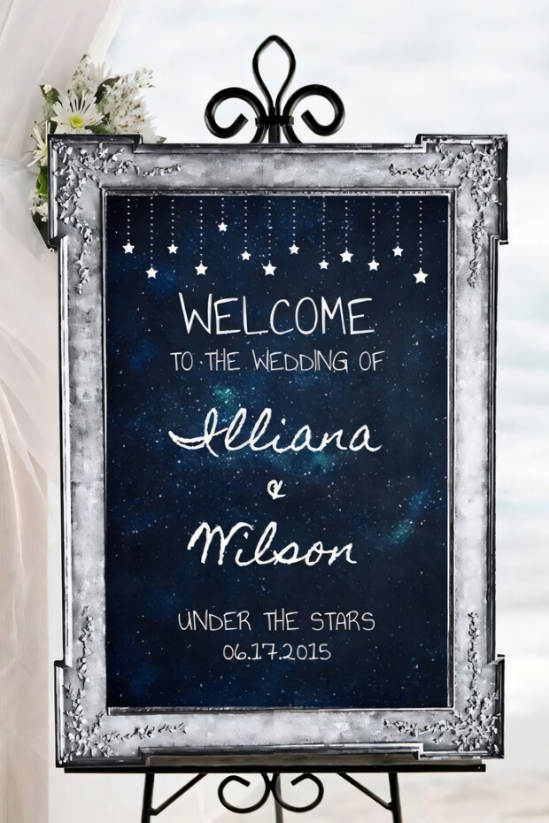 Navy and star wedding sign in a refined silver frame