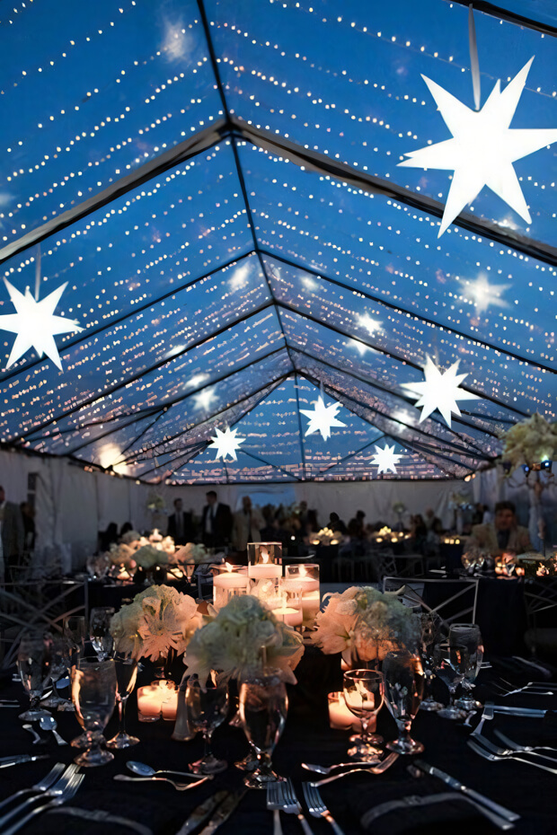 Venue bathed in a soft glow from twinkling lights