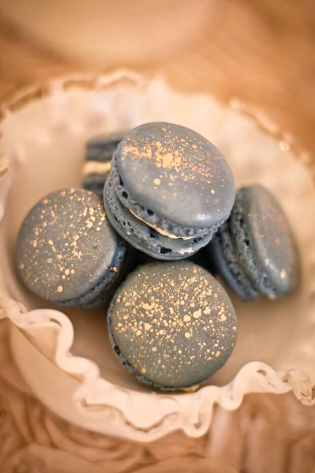 Celestial-inspired grey and gold macarons