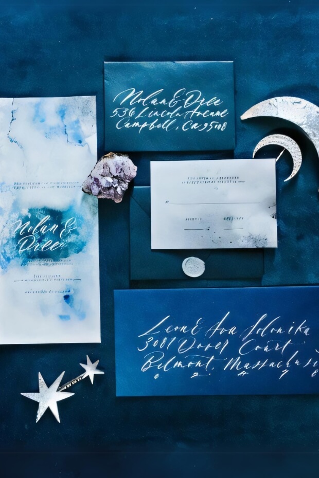 Watercolor wedding invites and envelopes in enchanting shades