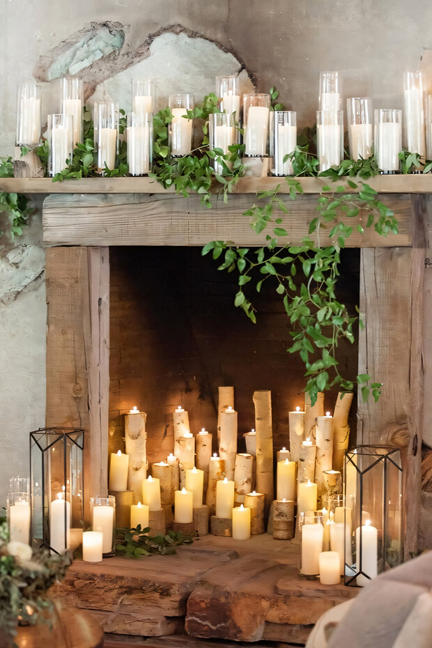 Candles and Greenery Wedding Fireplace Decor