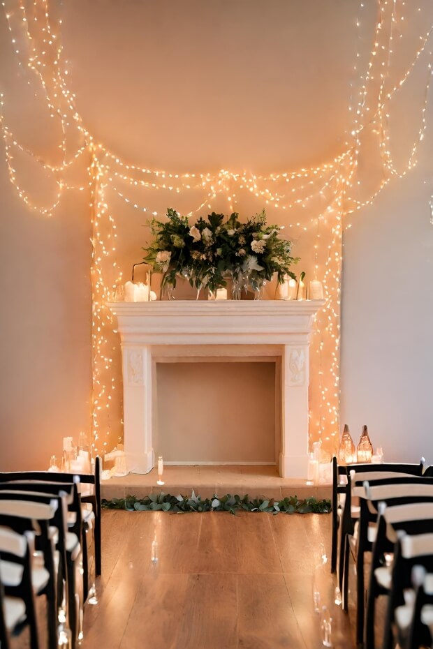 Fairy Lights and Chairs Wedding Fireplace Decor