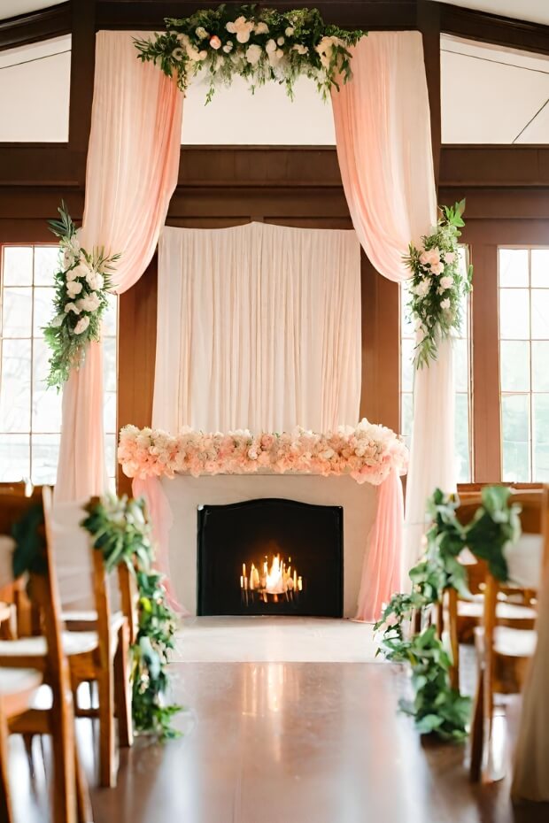 Floral Garland and White Chairs Wedding Decor