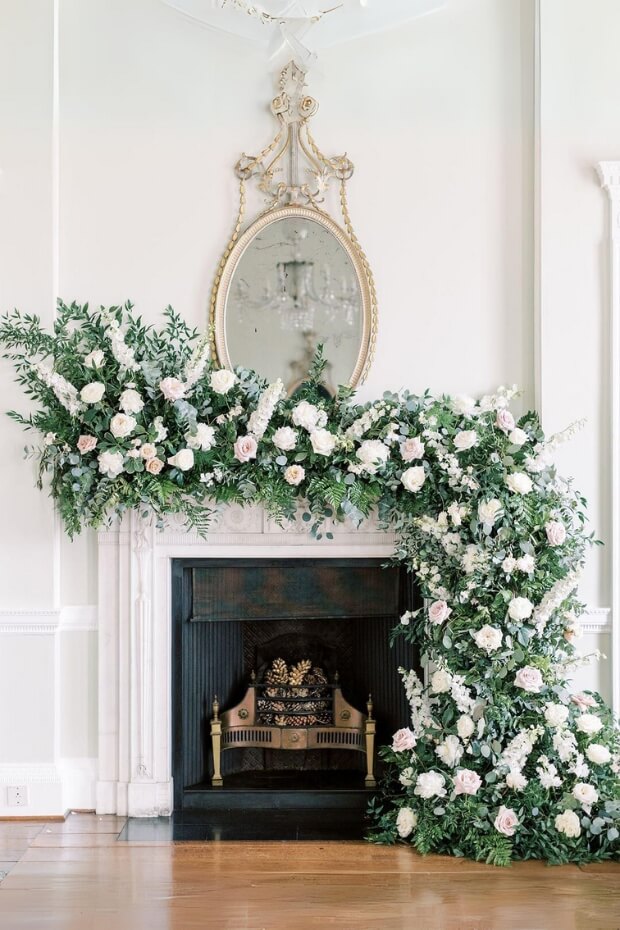 White Roses Garland Wedding Fireplace Decor