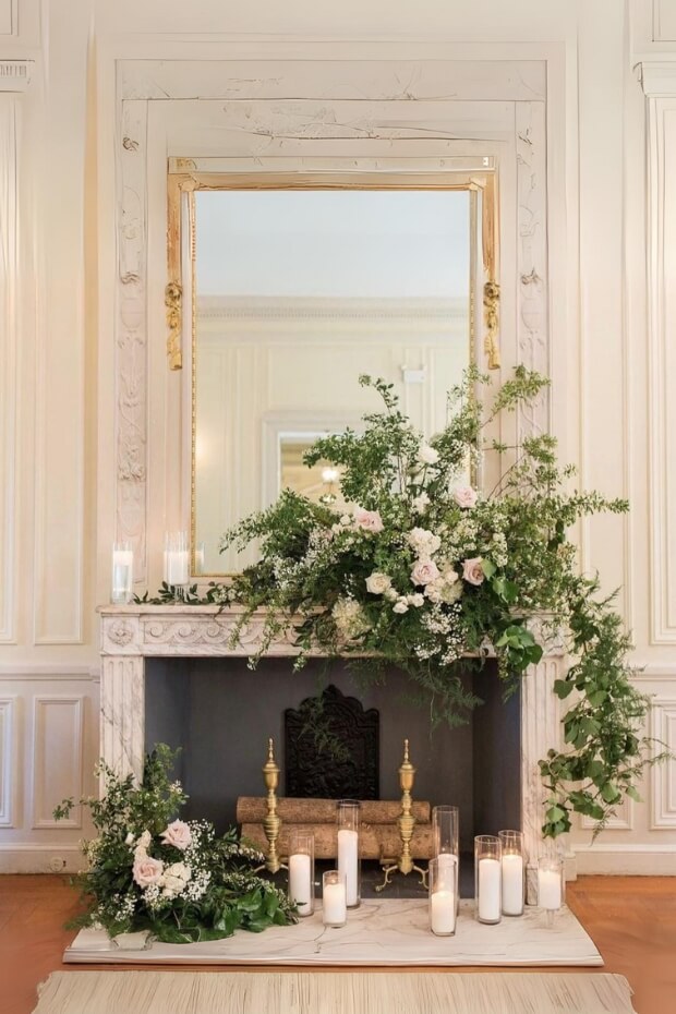 Greenery and Mirror Wedding Fireplace Decor