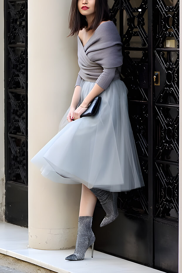 Beautiful winter wedding guest look with grey off the shoulder sweater