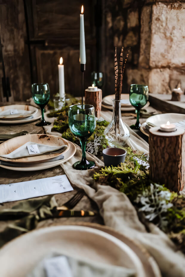 Boho enchanted forest wedding tablescape with moss runner, candles, feathers