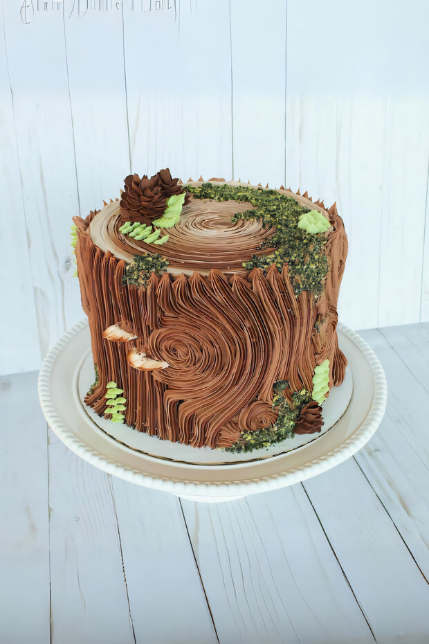 Brown cake with tree stump-shaped top