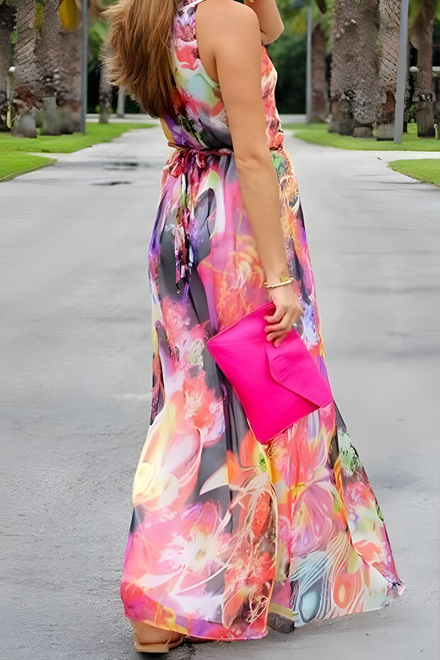 Colorful sleeveless A-line dress with hot pink clutch and earrings