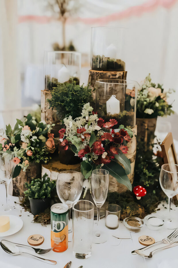 Creative enchanted forest wedding centerpiece with tree stumps, blooms, greenery
