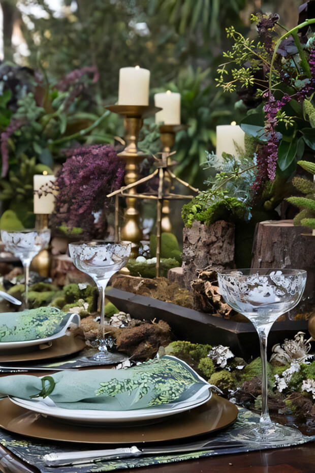 Dark enchanted forest wedding table setting with moss, greenery, purple blooms
