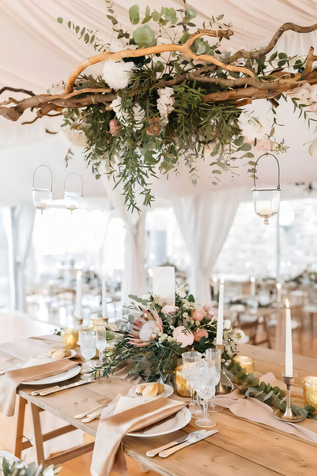 Delicate enchanted forest wedding table with floral and branch installation