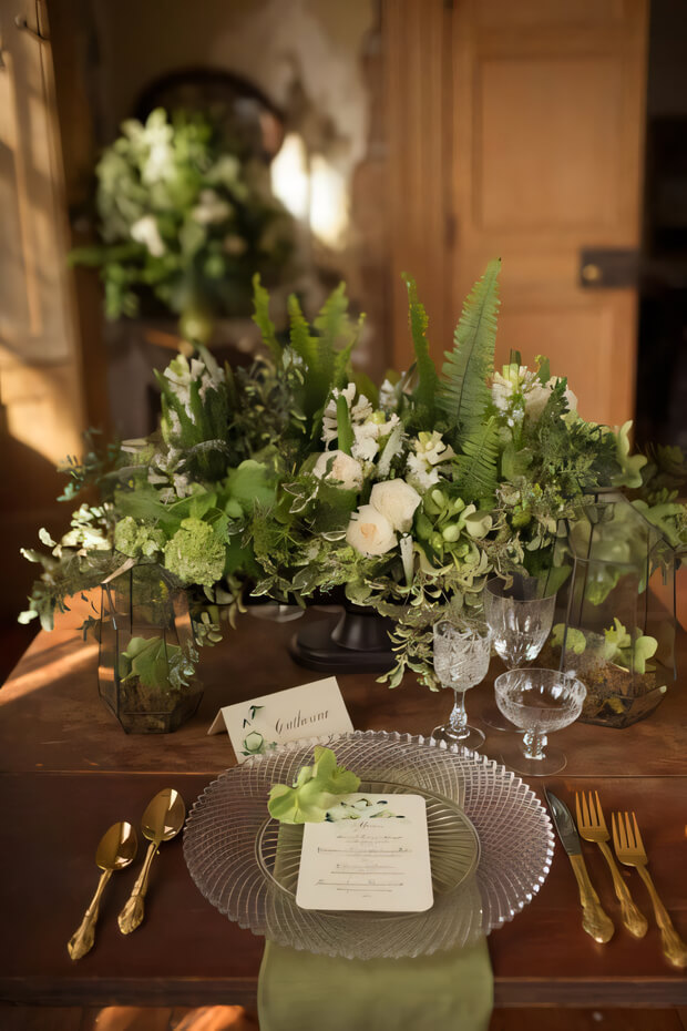 Enchanted forest wedding tablescape with neutral blooms, textural greenery