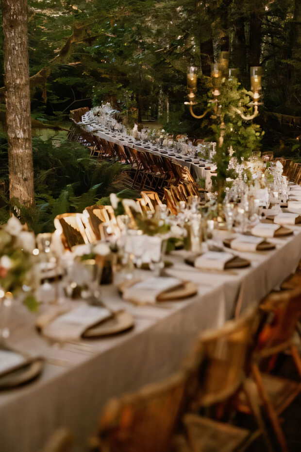 Extra long curved enchanted forest wedding table with tall candelabras