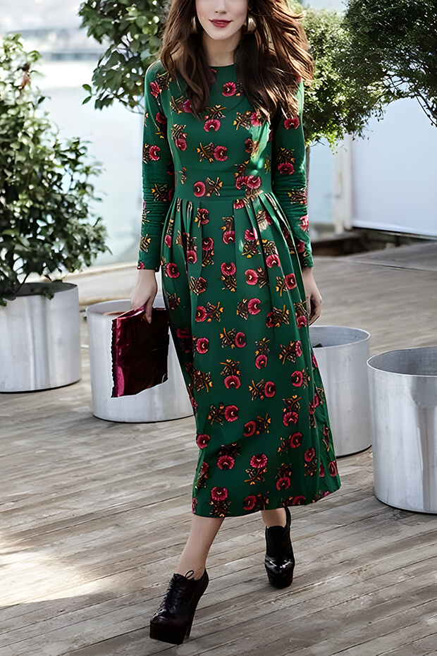 Floral print midi dress for fall or winter wedding guest