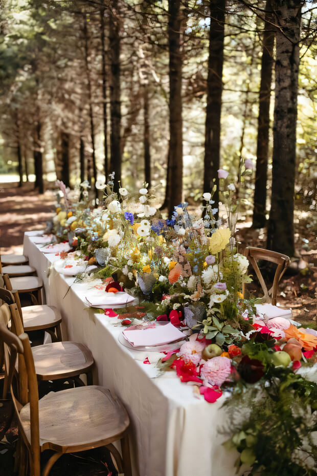 Gorgeous enchanted forest wedding tablescape with bright blooms, greenery