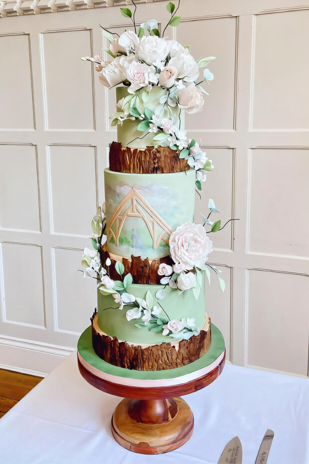 Multi-tiered cake with green and white colors