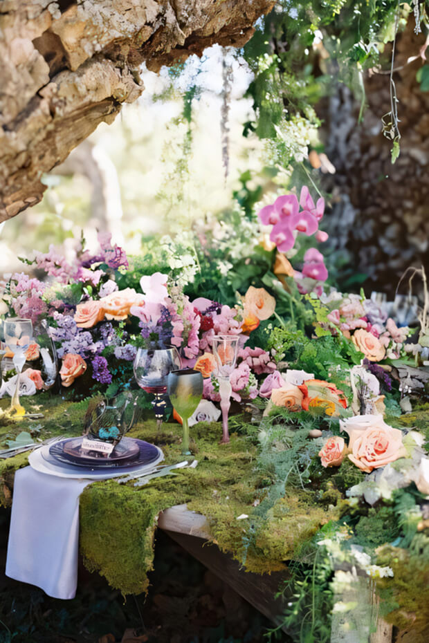 Jaw-dropping enchanted forest wedding table covered with moss, bright pink blooms