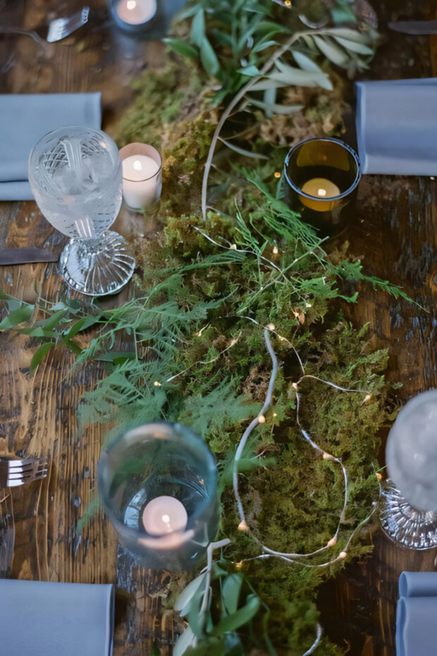 Lovely enchanted woods wedding tablescape with moss and fern runner, lights