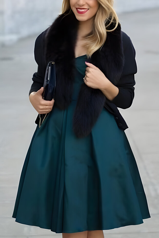 Sophisticated dark green A-line knee dress with faux fur shawl